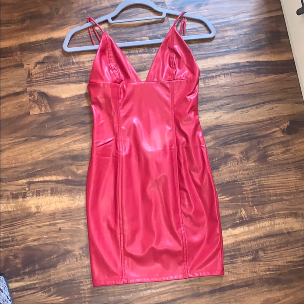 Red faux leather dress